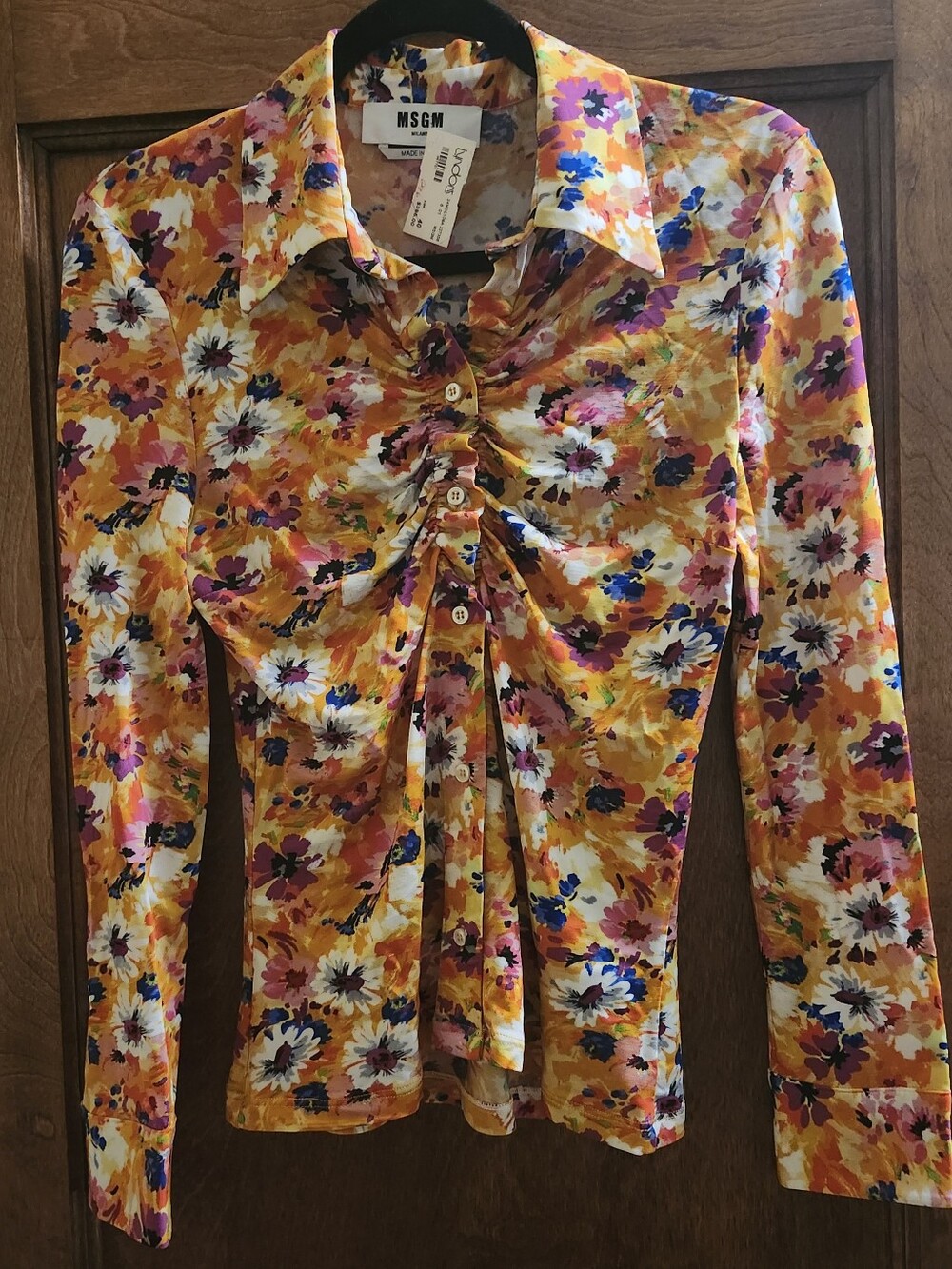 MSGM Yellow Multi-Color Floral Ruched Button-Down Shirt